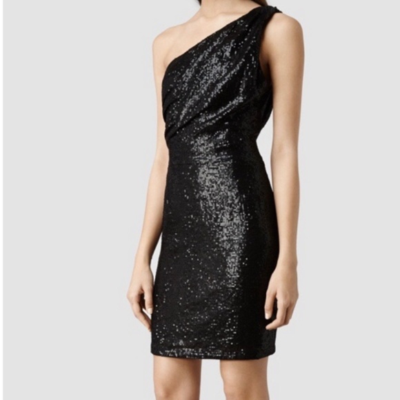 All Saints Cassis Sequins One Shoulder Mini Black Dress - Picture 1 of 6